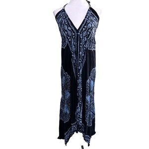 Advance Womens Boho Batik Print Halter Handkerchief Hem Maxi Dress Black Blue